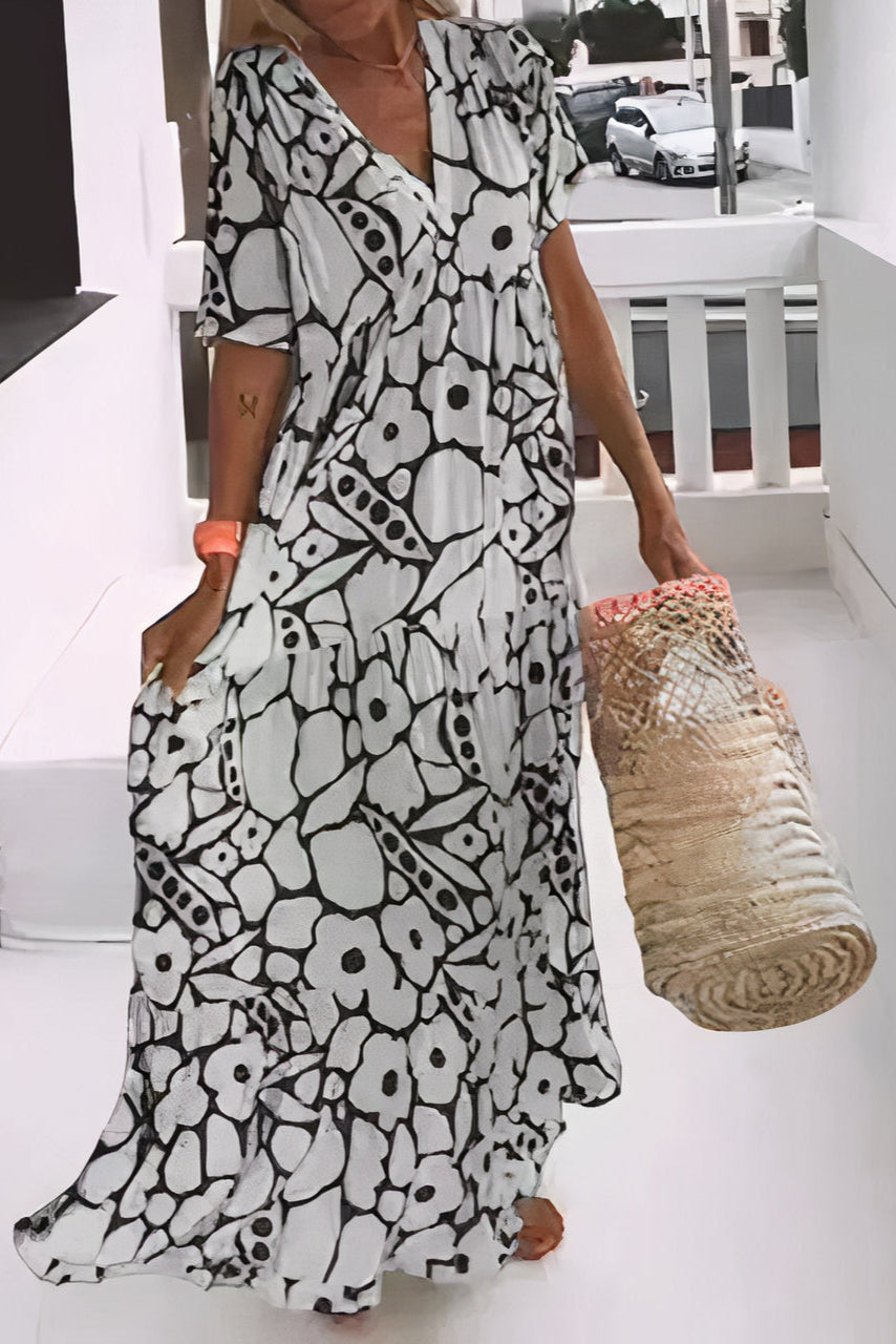 Louna | Robe Longue Bohème à Imprimé Floral Vert et Blanc