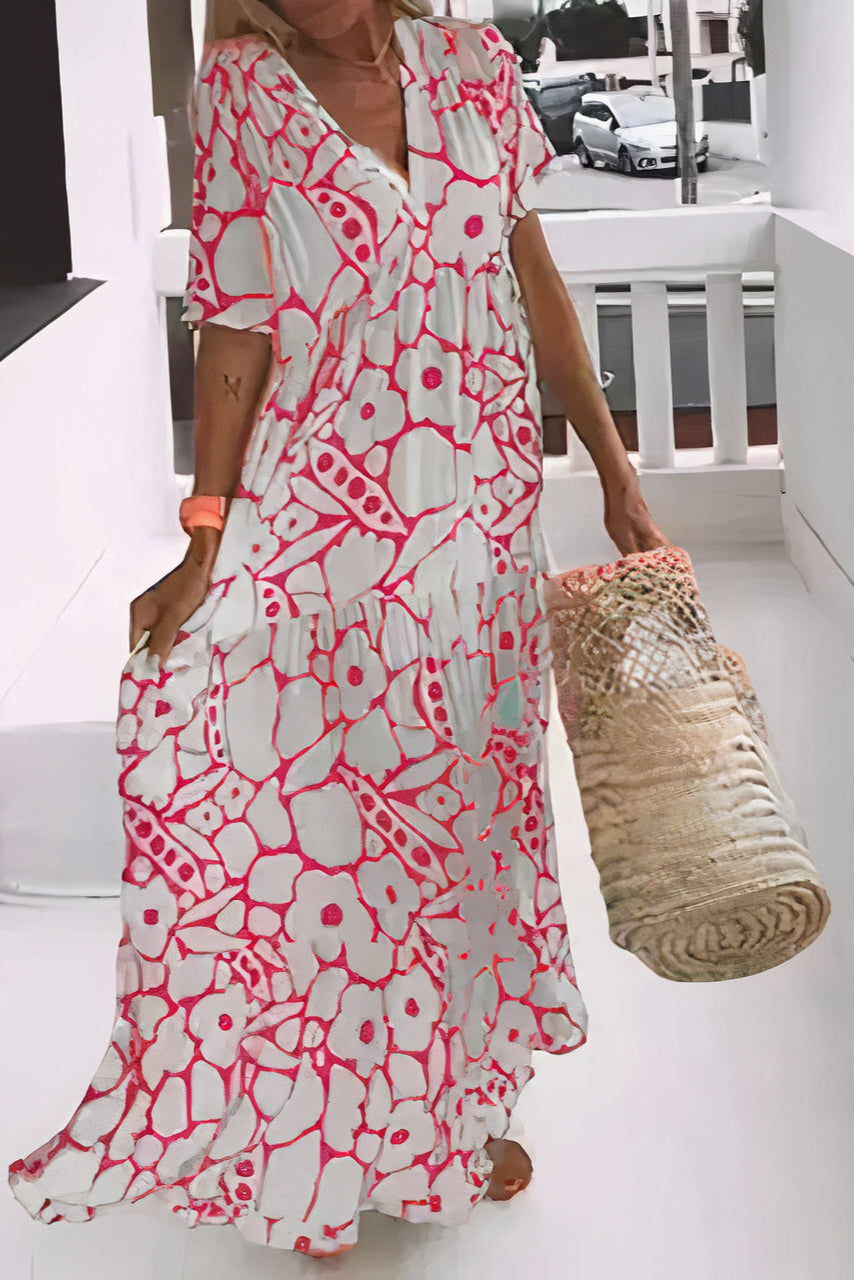 Louna | Robe Longue Bohème à Imprimé Floral Vert et Blanc