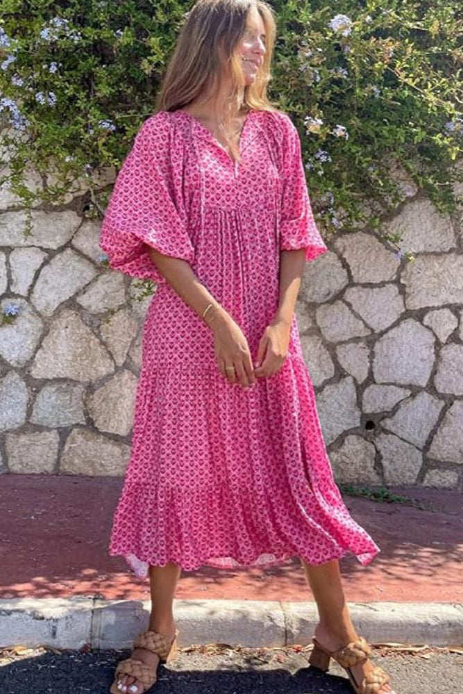 Louna | Robe longue bohème à imprimé géométrique et manches évasées pour femme