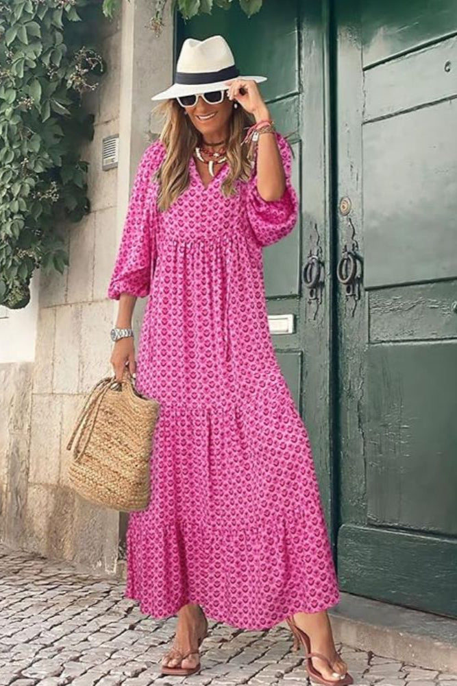 Louna | Robe longue bohème à imprimé géométrique et manches évasées pour femme