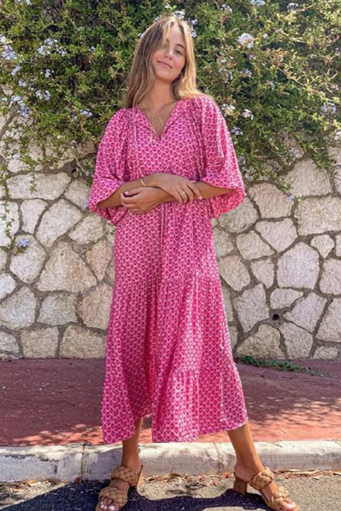 Louna | Robe longue bohème à imprimé géométrique et manches évasées pour femme