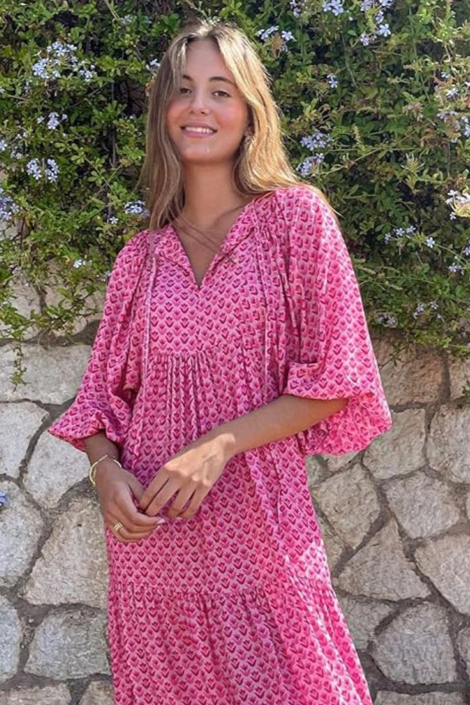 Louna | Robe longue bohème à imprimé géométrique et manches évasées pour femme