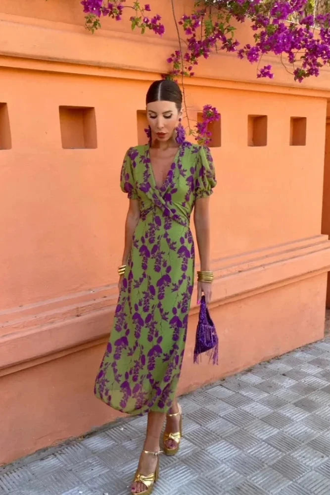 Lola | Robe portefeuille midi à manches bouffantes et imprimé floral pour femme