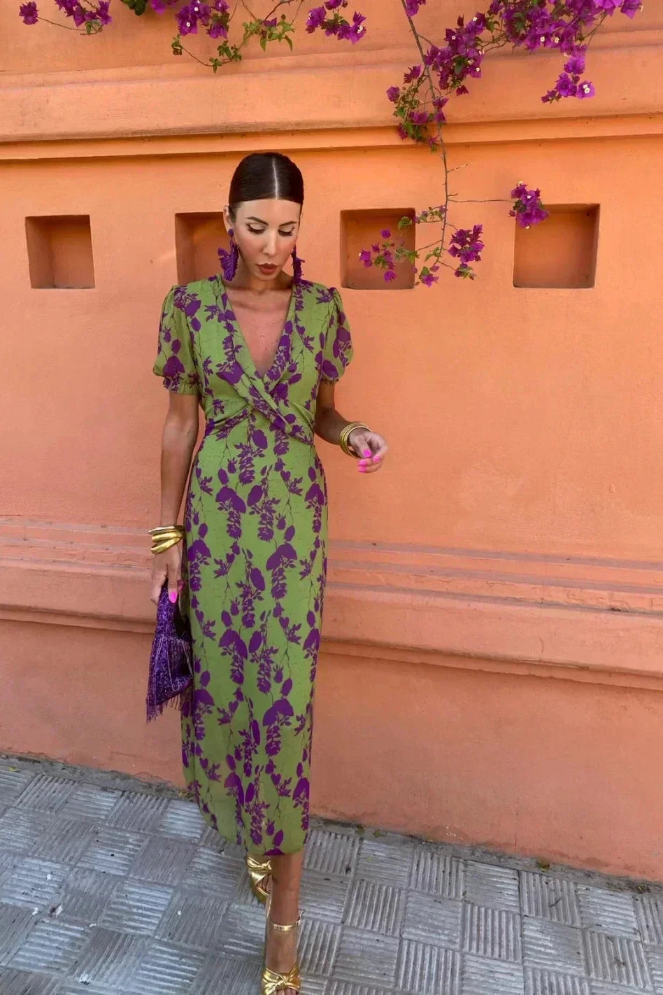 Lola | Robe portefeuille midi à manches bouffantes et imprimé floral pour femme