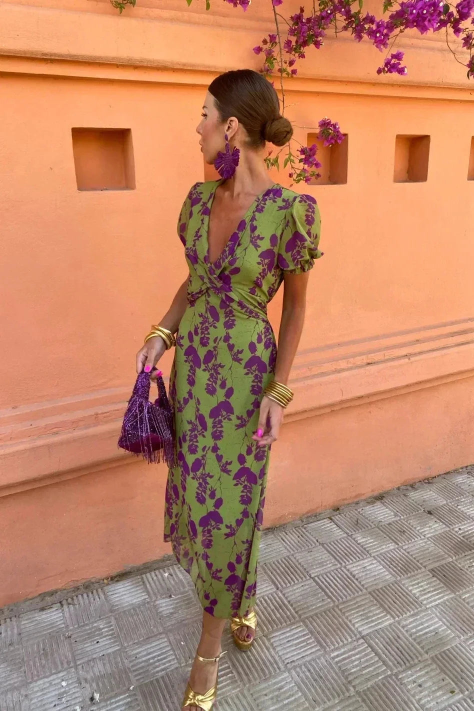 Lola | Robe portefeuille midi à manches bouffantes et imprimé floral pour femme