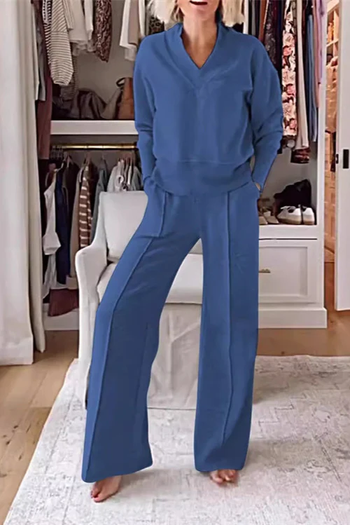 Solange | Ensemble féminin deux pièces – Top à col V uni et pantalon