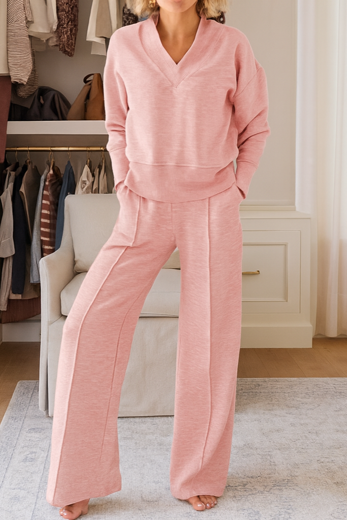 Solange | Ensemble féminin deux pièces – Top à col V uni et pantalon