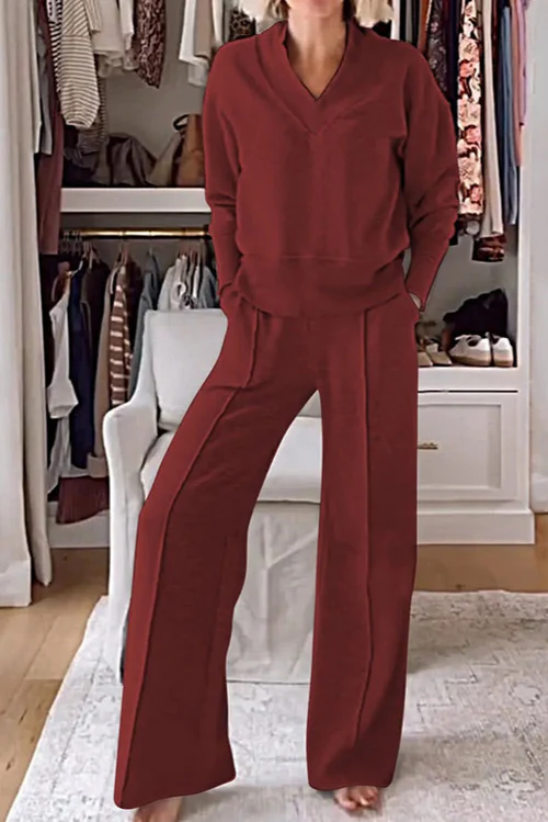 Solange | Ensemble féminin deux pièces – Top à col V uni et pantalon
