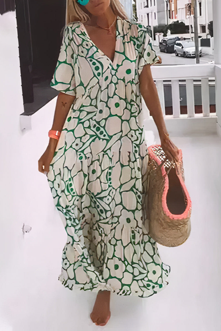 Louna | Robe Longue Bohème à Imprimé Floral Vert et Blanc