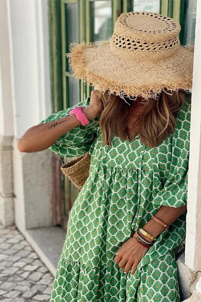 Louna | Robe longue bohème à imprimé géométrique et manches évasées pour femme