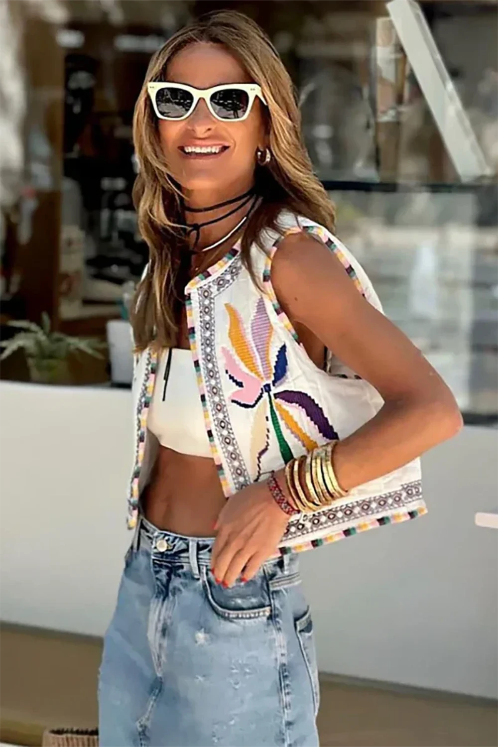 Sonia | Gilet brodé sans manches à motif coloré pour femme