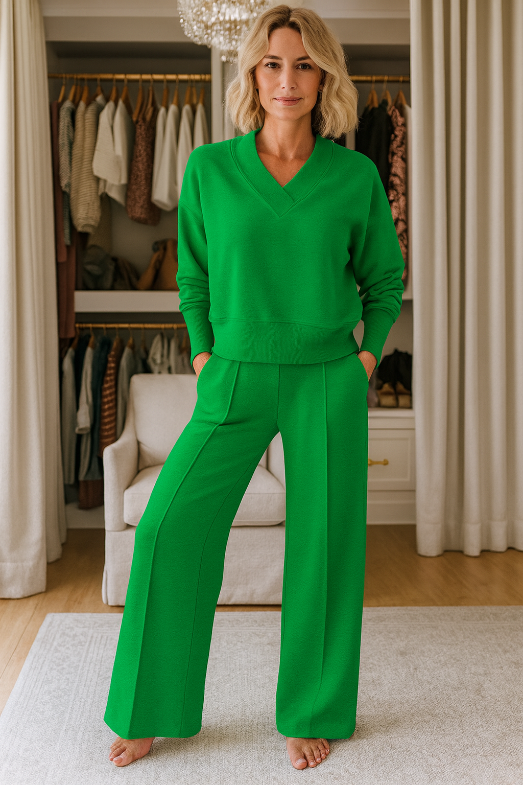 Solange | Ensemble féminin deux pièces – Top à col V uni et pantalon